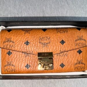 MCM Cognac Leather Wallet with Gold Accents
